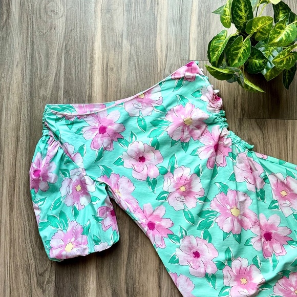 NWT GB Gianni Bini One Shoulder Floral Mini Dress Aqua Pink Side Cut Out  Size L - Picture 3 of 13